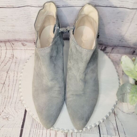 Cole Haan Gray Suede Leather Ankle Heeled Buckle Zip Booties Size 9.5B - Picture 3 of 16